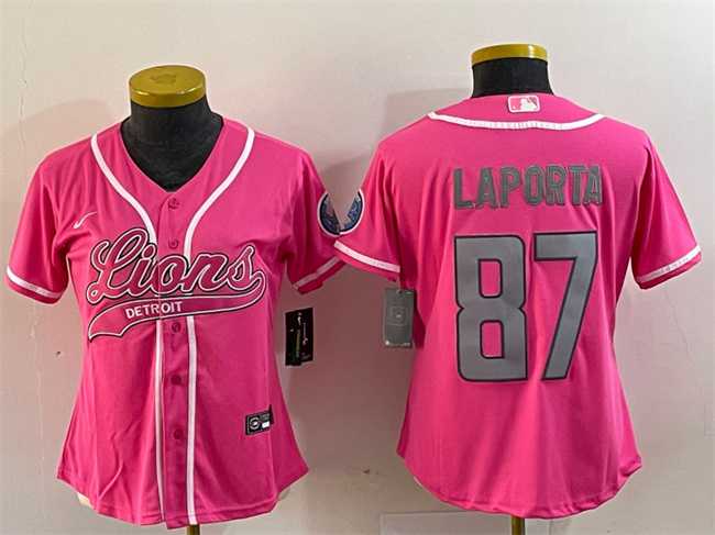 Womens Detroit Lions #87 Sam LaPorta Pink With Patch Cool Base Stitched Baseball Jersey(Run Small)->women nfl jersey->Women Jersey